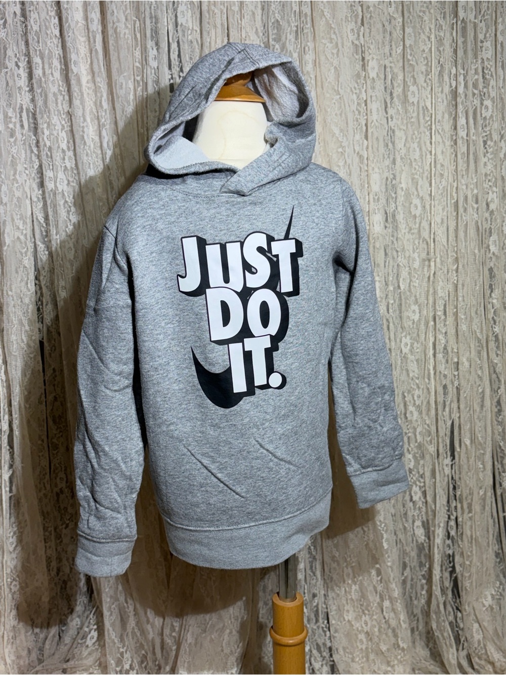 Nike Kids Heather Gray Hoodie with Black & White "Just Do It." Graphic